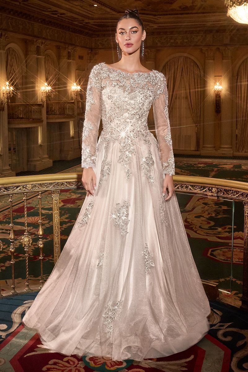 Beaded A-Line Wedding Dress With Long Sleeves-4