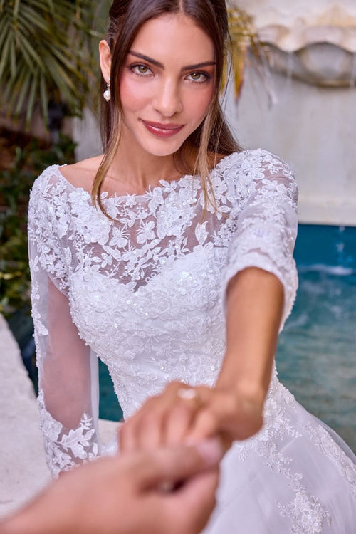 Beaded A-Line Wedding Dress With Long Sleeves-1