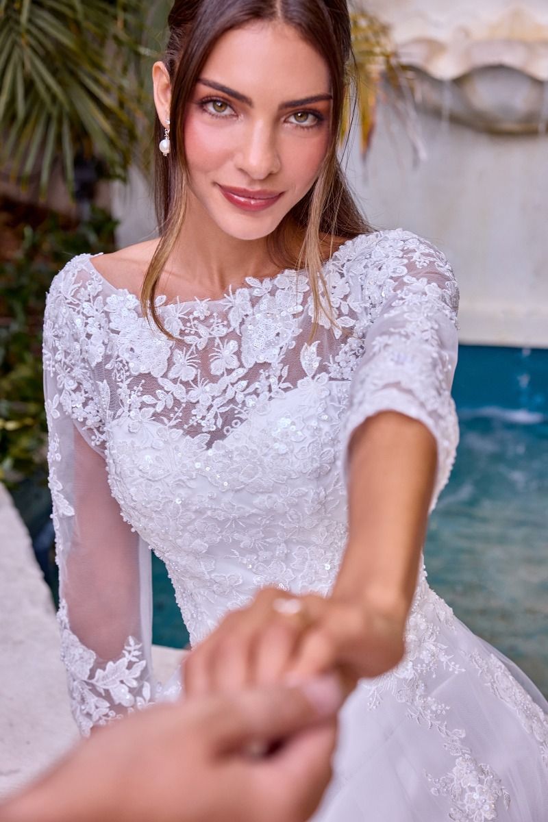 Beaded A-Line Wedding Dress With Long Sleeves-3