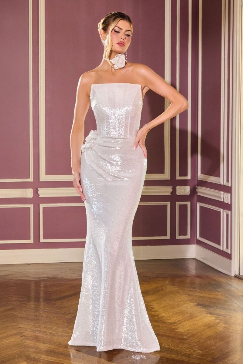 Strapless Fitted Dress Sequin Bodice Illusion Side Panels Draped Skirt Floral Appliqué Choker-8