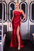Asymmetric Strapless Satin Fitted Gown With High Slit-0