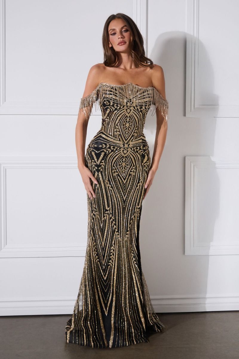Off-Shoulder Beaded Gown with Crystal Fringe and Corset Back-0