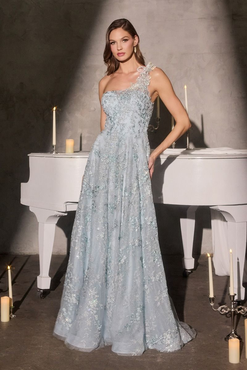 A-Line Gown the One-Shoulder Neckline Three-Dimensional Floral Appliqué-0