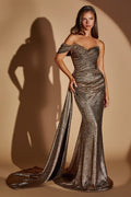 One Shoulder Metallic Fitted Dress With Sash-4