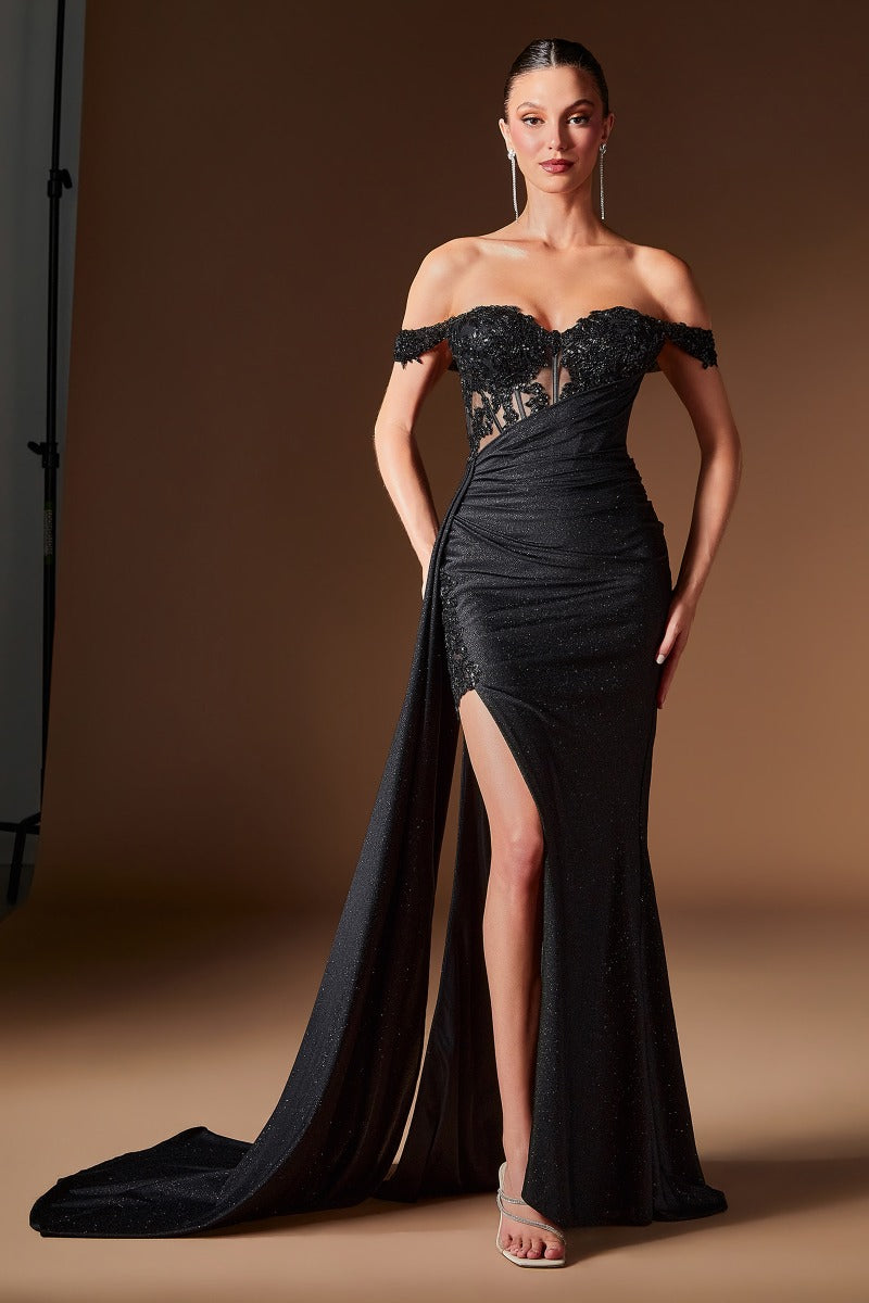 Beaded Illusion Corset Glitter Jersey Gown with Off-Shoulder Straps and Dramatic Side Sash-4