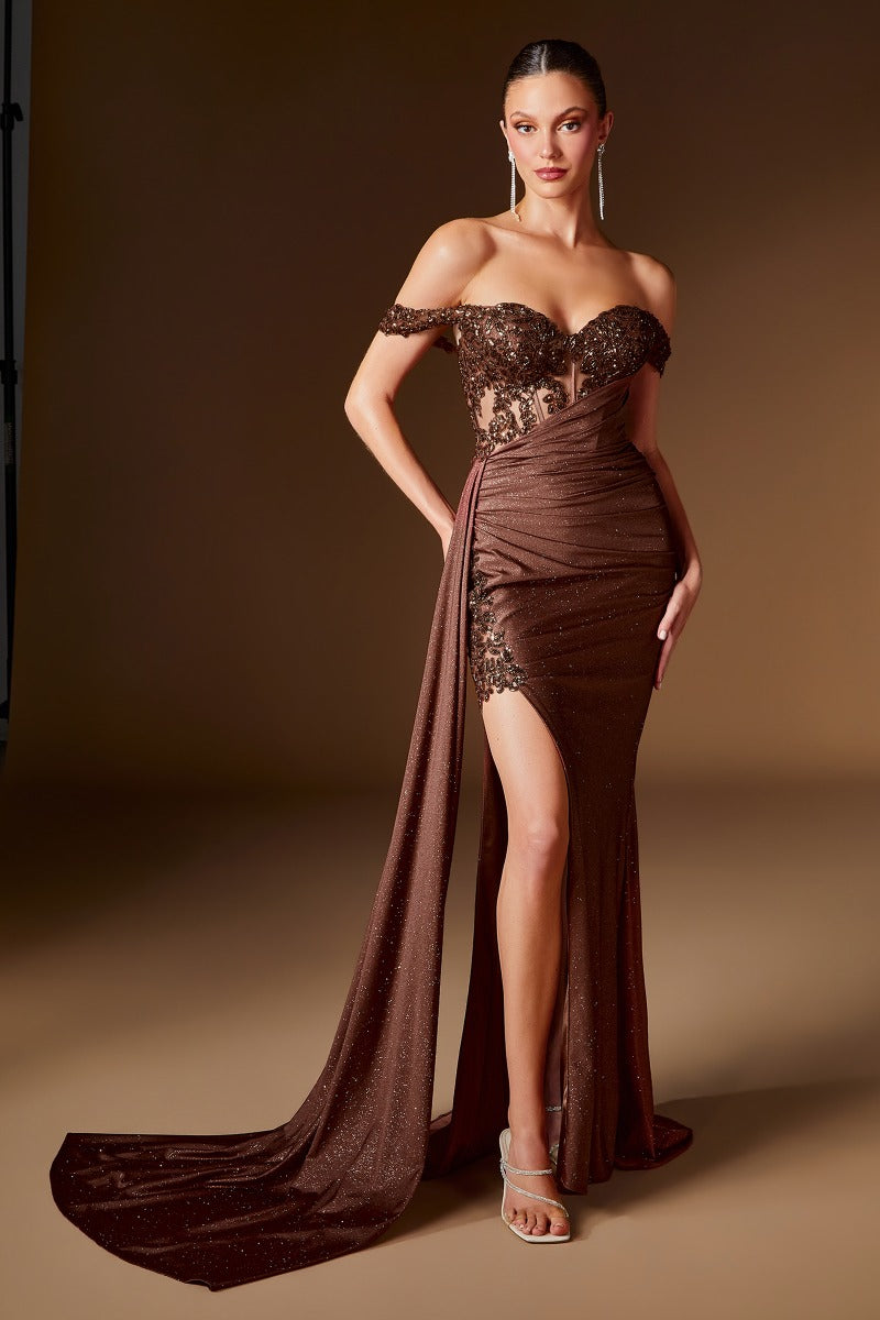 Beaded Illusion Corset Glitter Jersey Gown with Off-Shoulder Straps and Dramatic Side Sash-6