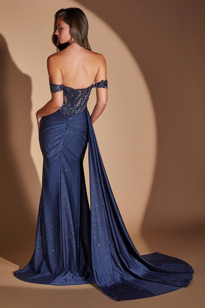 Beaded Illusion Corset Glitter Jersey Gown with Off-Shoulder Straps and Dramatic Side Sash-2