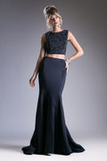 Beaded High Neck Two-Piece Mermaid Evening Gown with Train-0