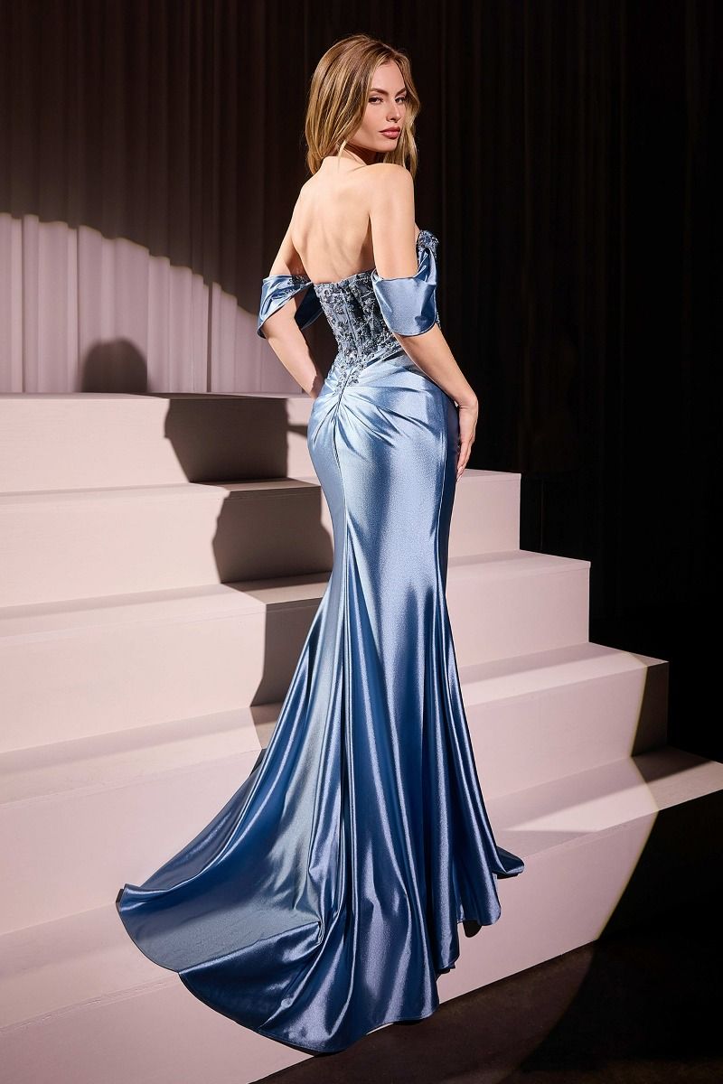 Off The Shoulder Satin Fitted Gown-4