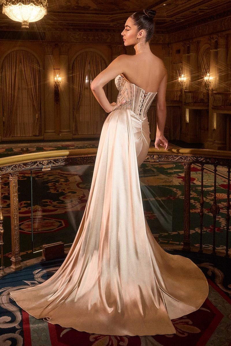 Crystal Beaded Sweetheart Satin Gown with Side Sash-2