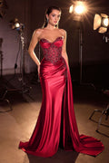 Crystal Beaded Sweetheart Satin Gown with Side Sash-5