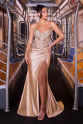 Beaded Corset Satin Slit Evening Gown with Sweep Train-1