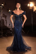 Mermaid Evening Gown Off-The-Shoulder Sweetheart Beaded Corset Glitter Tulle Hem-0