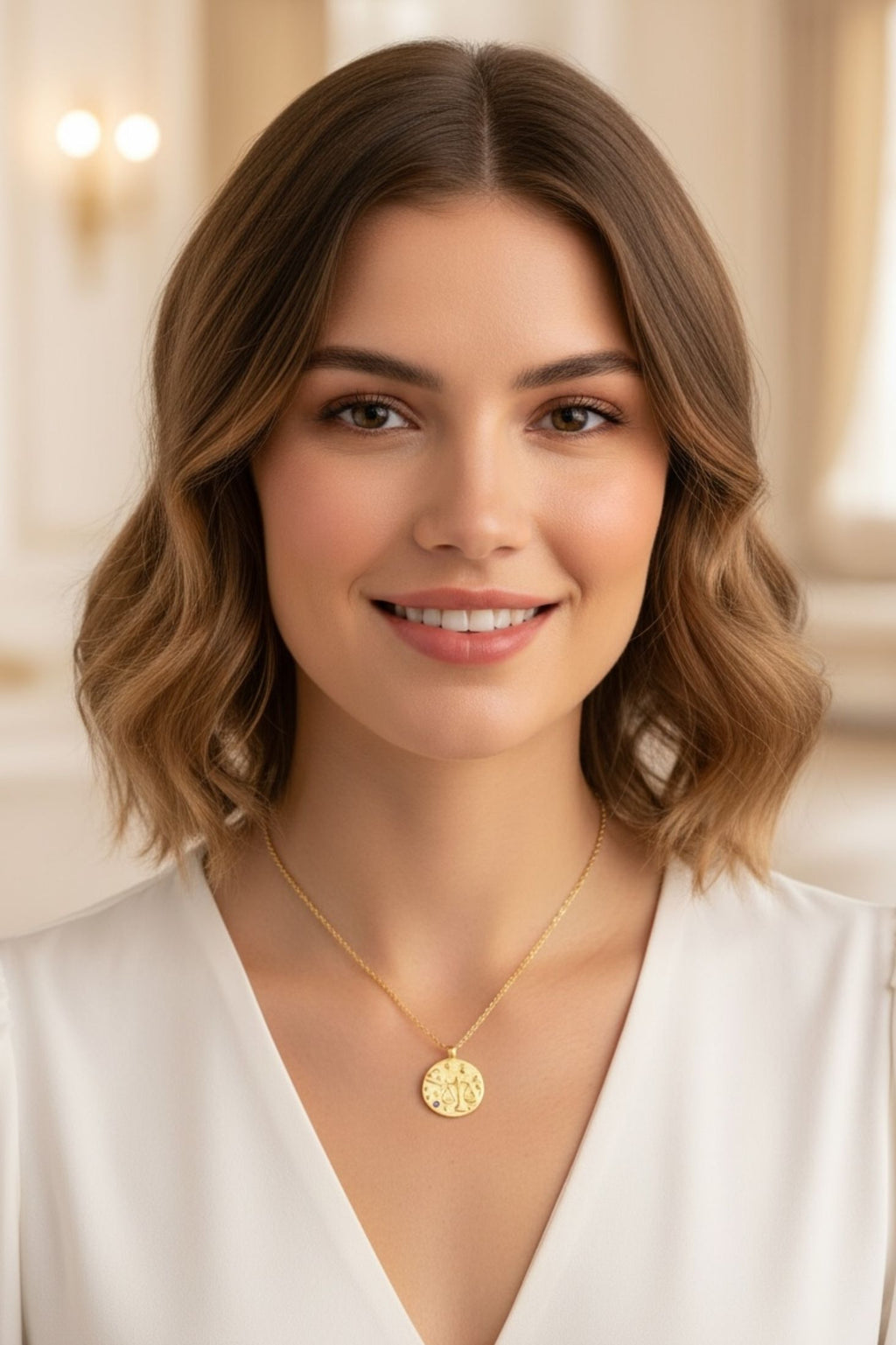 Zodiac Birthstone Talisman Necklace Libra Gold