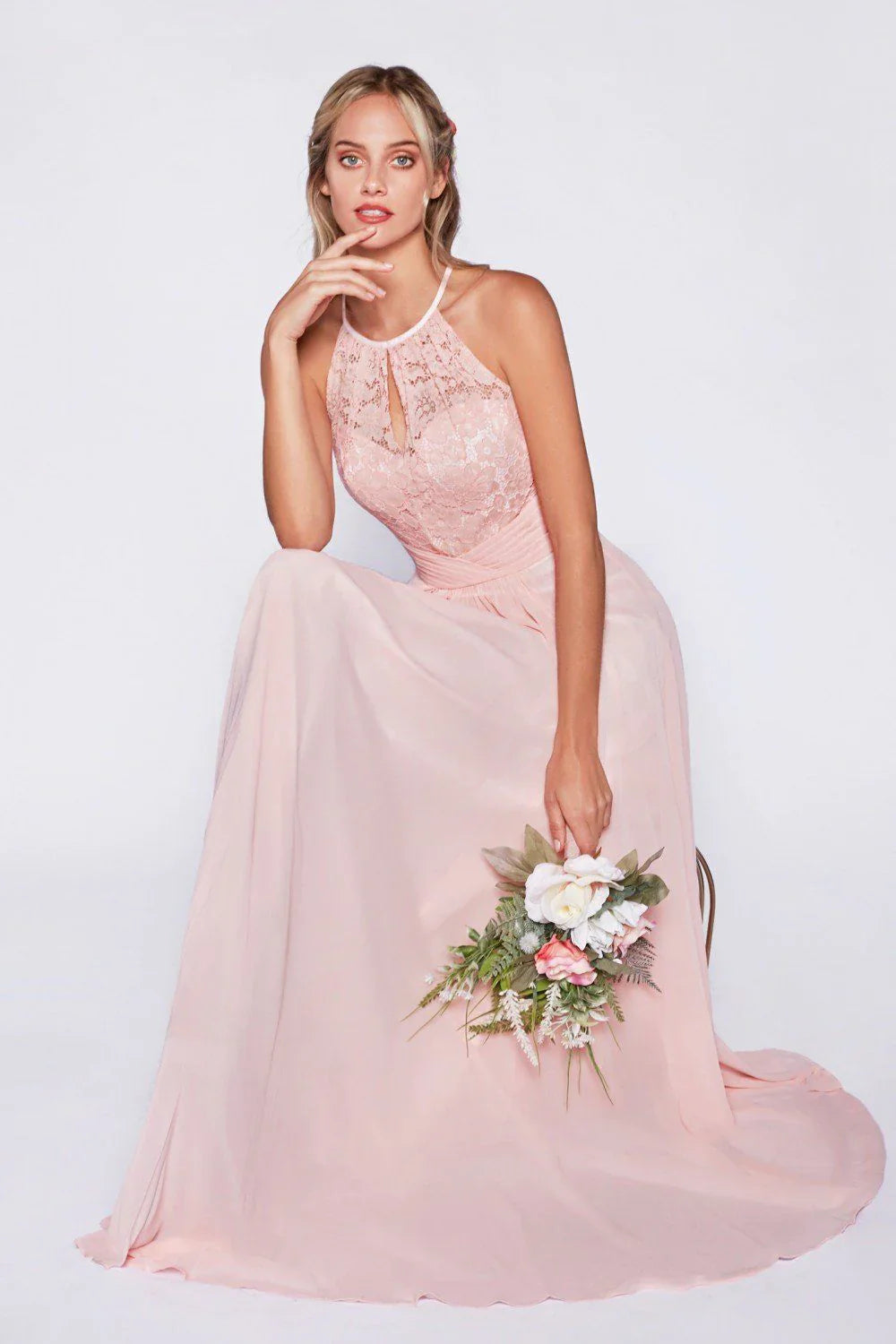 A-Line Chiffon Dress with Lace Keyhole Halter-0
