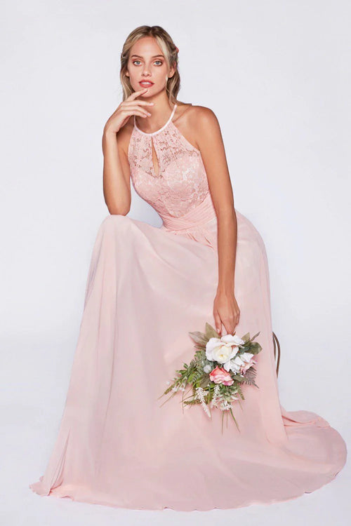 A-Line Chiffon Dress with Lace Keyhole Halter-0