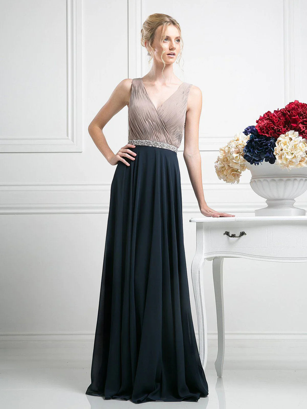 Beaded Belt Chiffon A - Line Dress-3