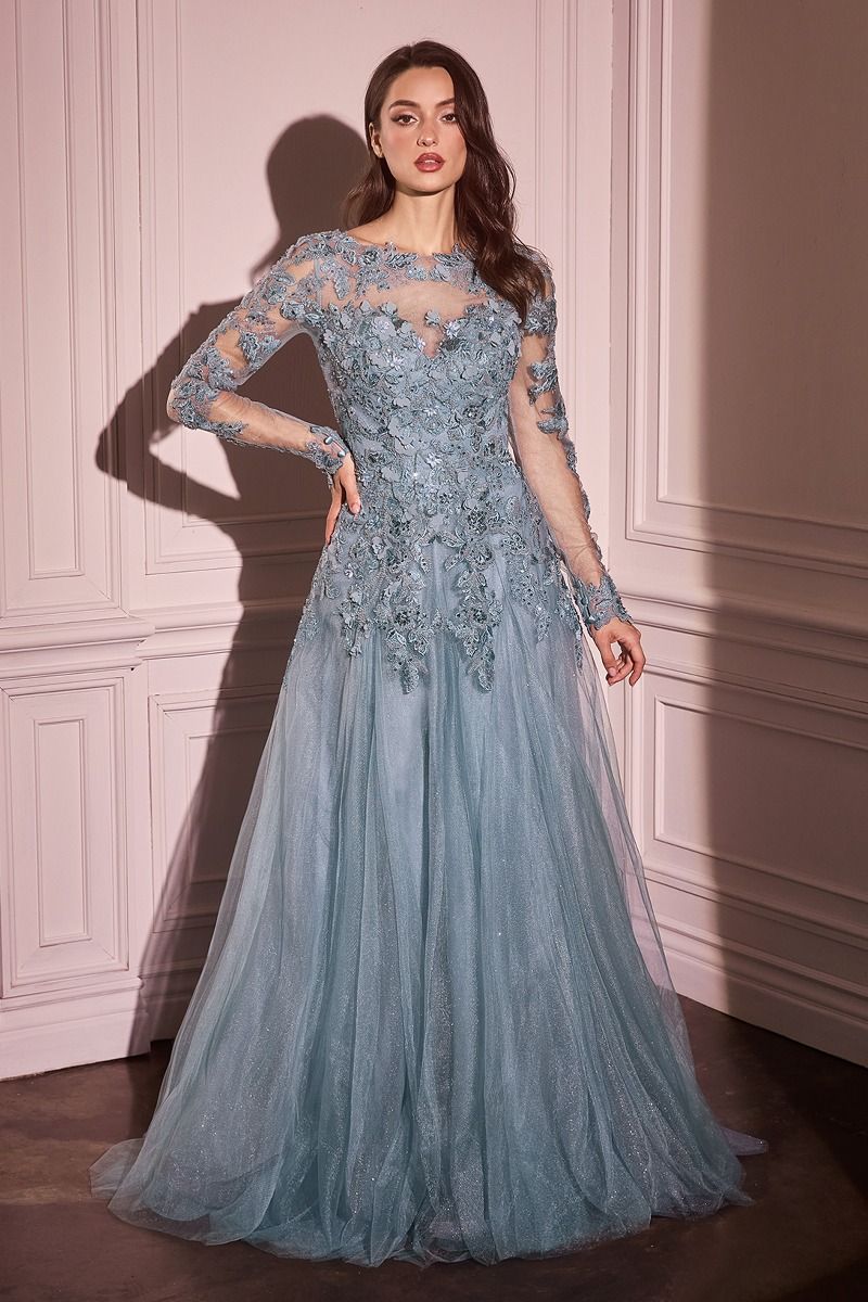 Lace Layered Tulle Long Sleeve Gown-1