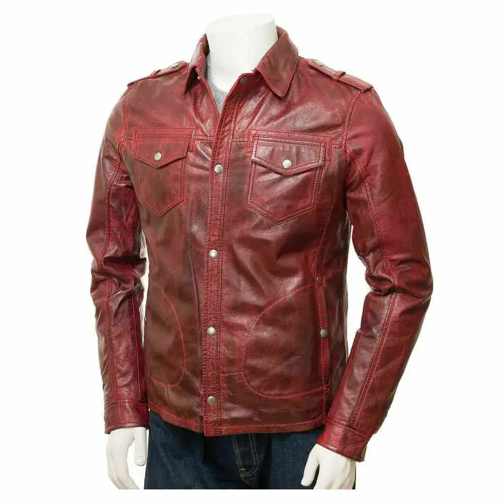 Men’s Distressed Red Leather Biker Shirt