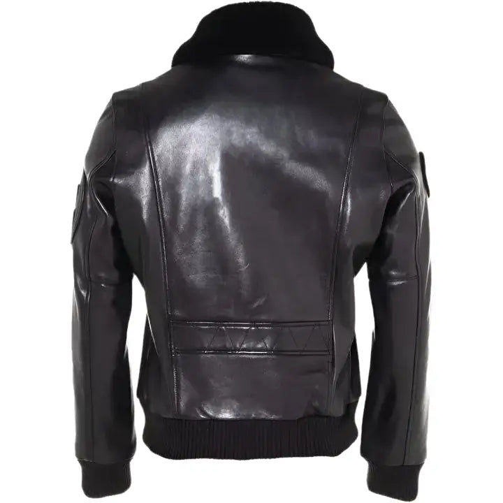 Men’s Black Leather Bomber Jacket with Faux Fur Collar-1