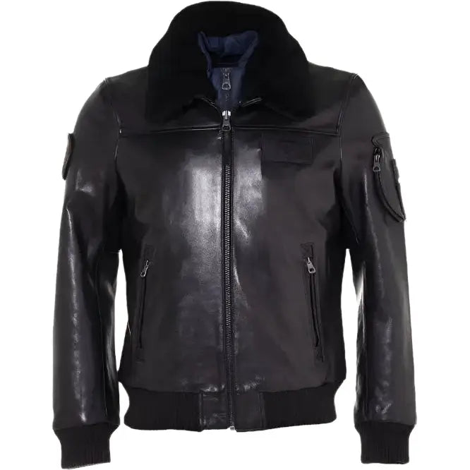 Men’s Black Leather Bomber Jacket with Faux Fur Collar-0