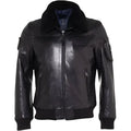 Men’s Black Leather Bomber Jacket with Faux Fur Collar-0