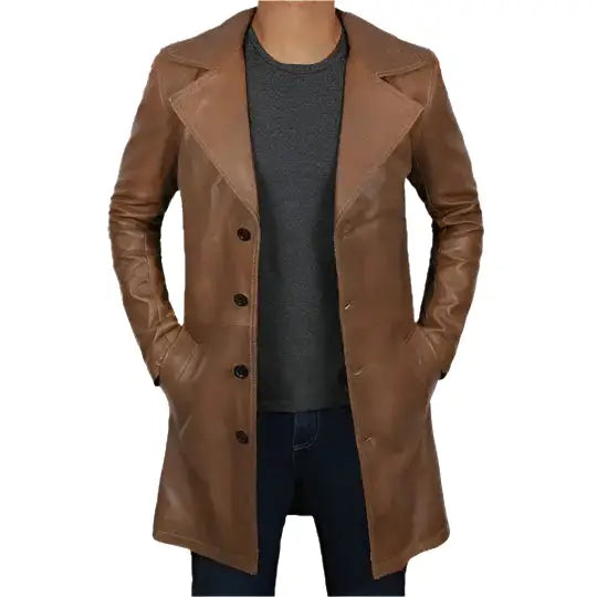 Men’s Distressed Brown Leather Winter Trench Coat