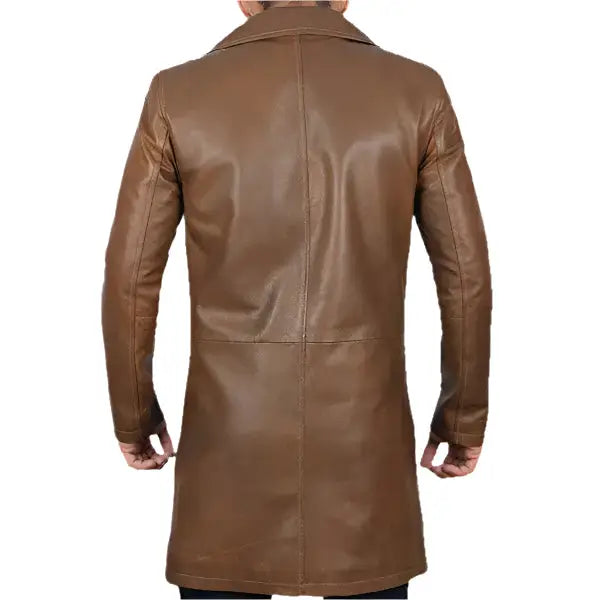 Men’s Distressed Brown Leather Winter Trench Coat