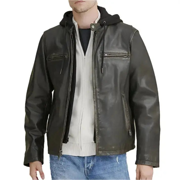 Mens Hooded Biker Leather Jacket-0