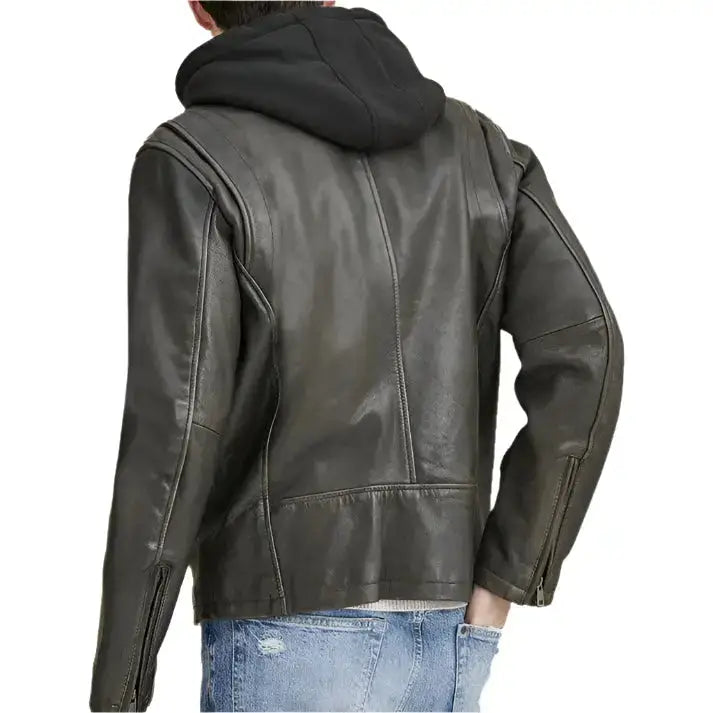 Mens Hooded Biker Leather Jacket-1