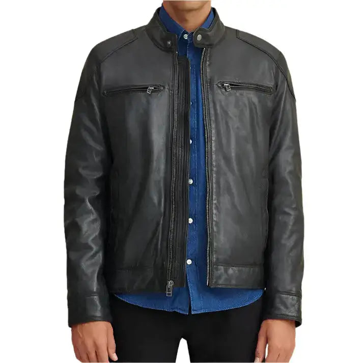 Men’s Leather Motorcycle Jacket with Shoulder Patches-0