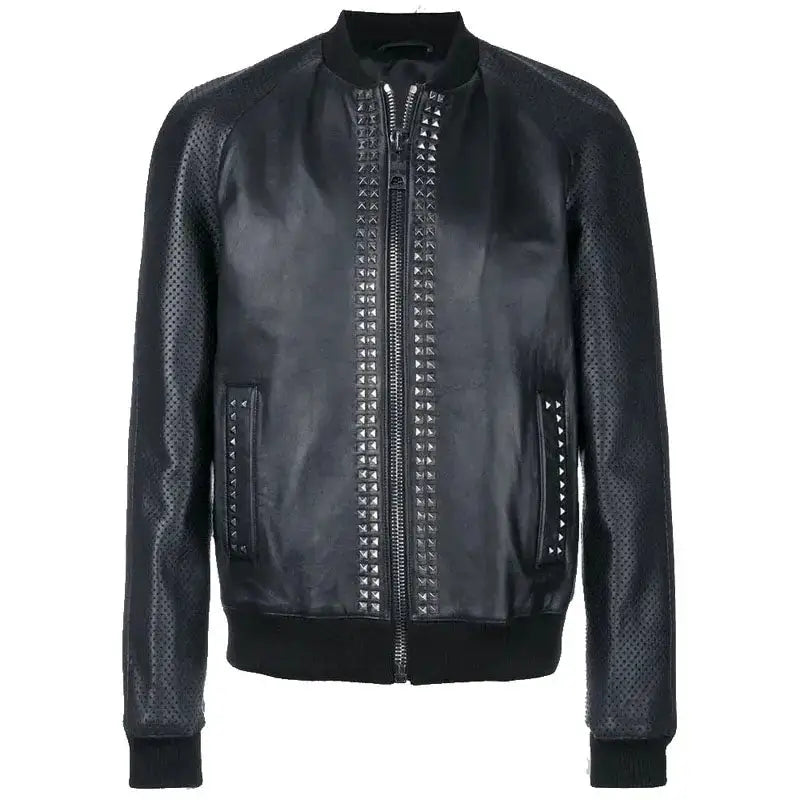Men’s Studded Leather Bomber Jacket-0