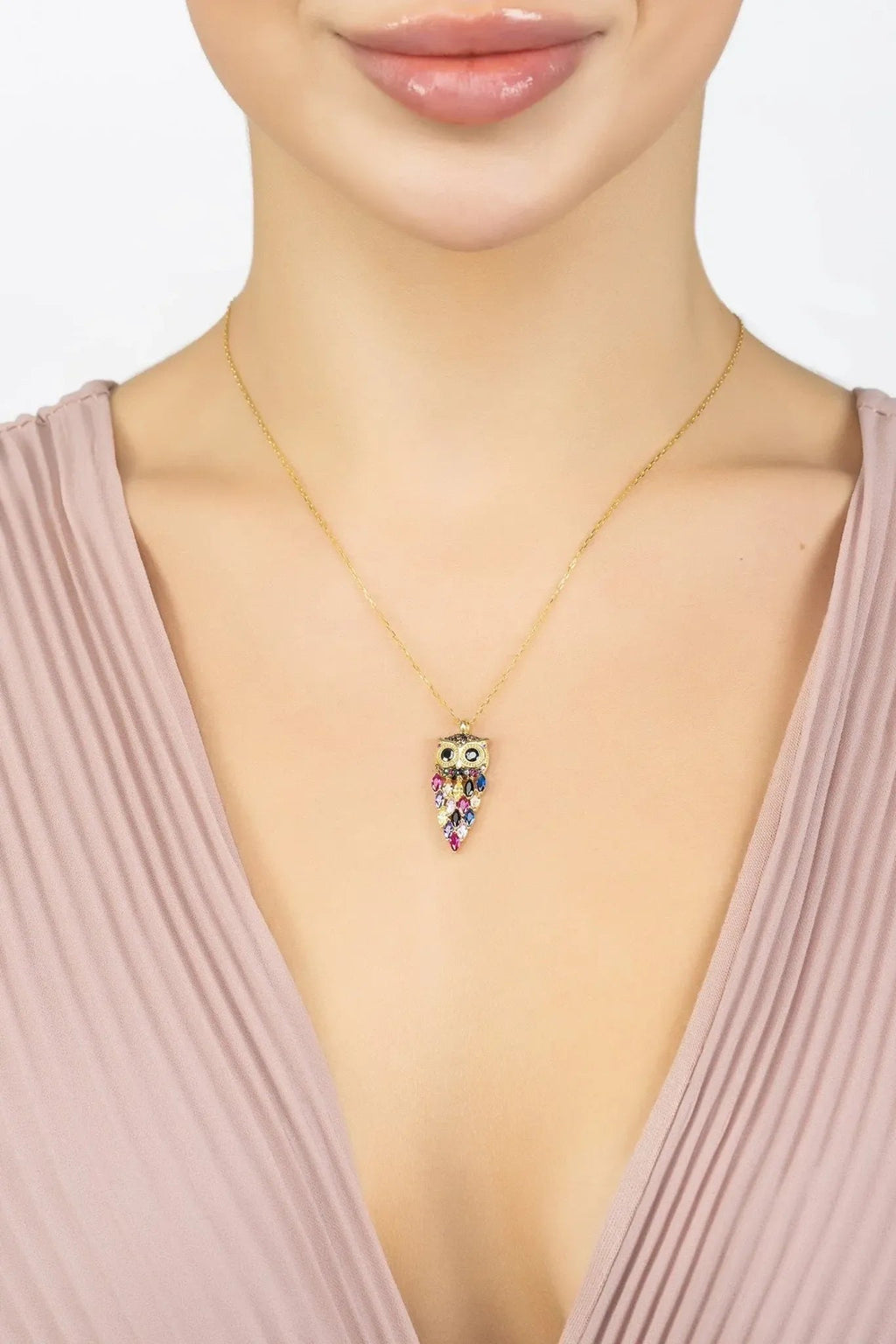 Owl Rainbow Pendant Necklace Gold