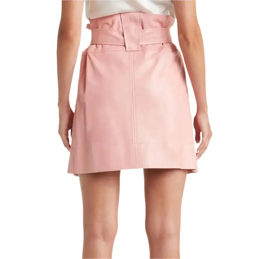 Women’s Pastel Pink Belted Mini Leather Skirt-1