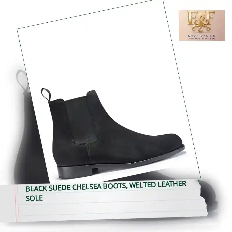 Black Suede Chelsea Boots, Welted Leather Sole by@Outfy
