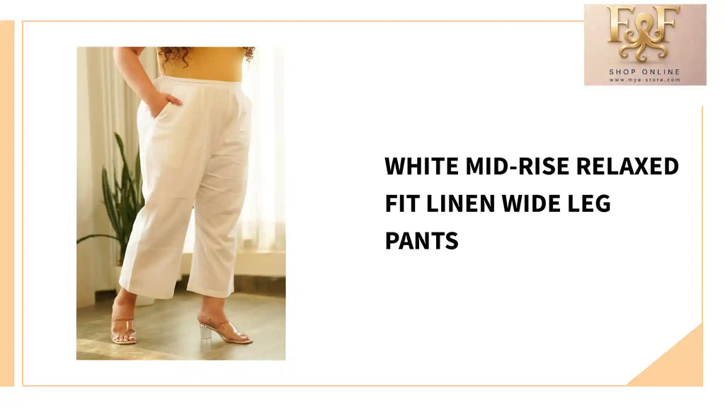 WHITE MID-RISE RELAXED FIT LINEN WIDE LEG PANTS by@Outfy