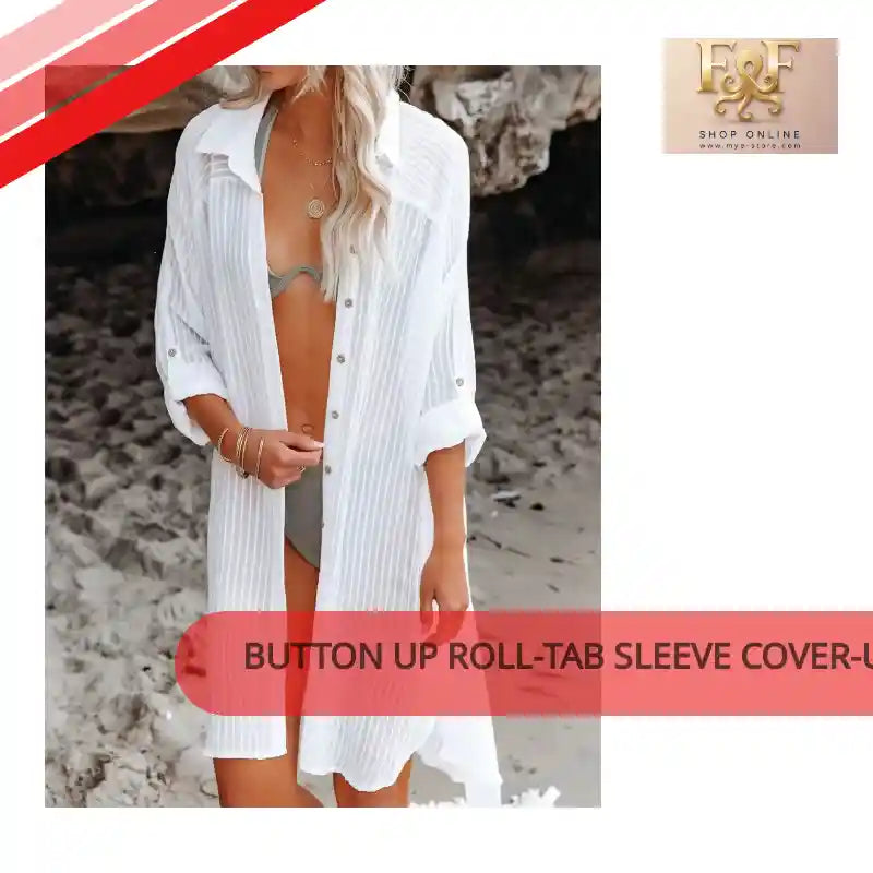 Button Up Roll-Tab Sleeve Cover-Up by@Outfy