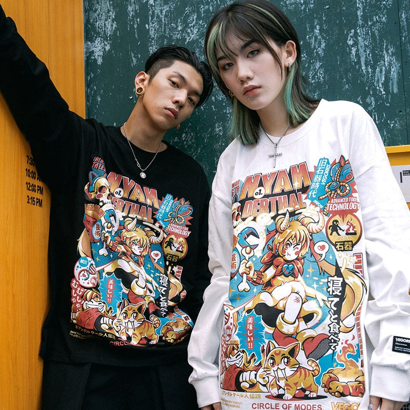 Men Hip Hop T Shirt Funny Anime Girl Japanese Harajuku Streetwear Tshirt Long Sleeve Tops Tees Cotton Loose Cartoon T-Shirts-3