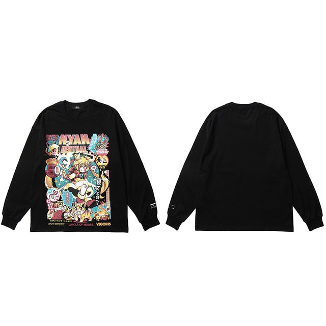 Men Hip Hop T Shirt Funny Anime Girl Japanese Harajuku Streetwear Tshirt Long Sleeve Tops Tees Cotton Loose Cartoon T-Shirts-1