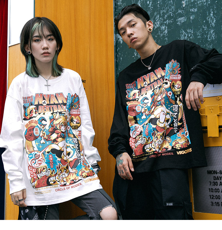 Men Hip Hop T Shirt Funny Anime Girl Japanese Harajuku Streetwear Tshirt Long Sleeve Tops Tees Cotton Loose Cartoon T-Shirts-0