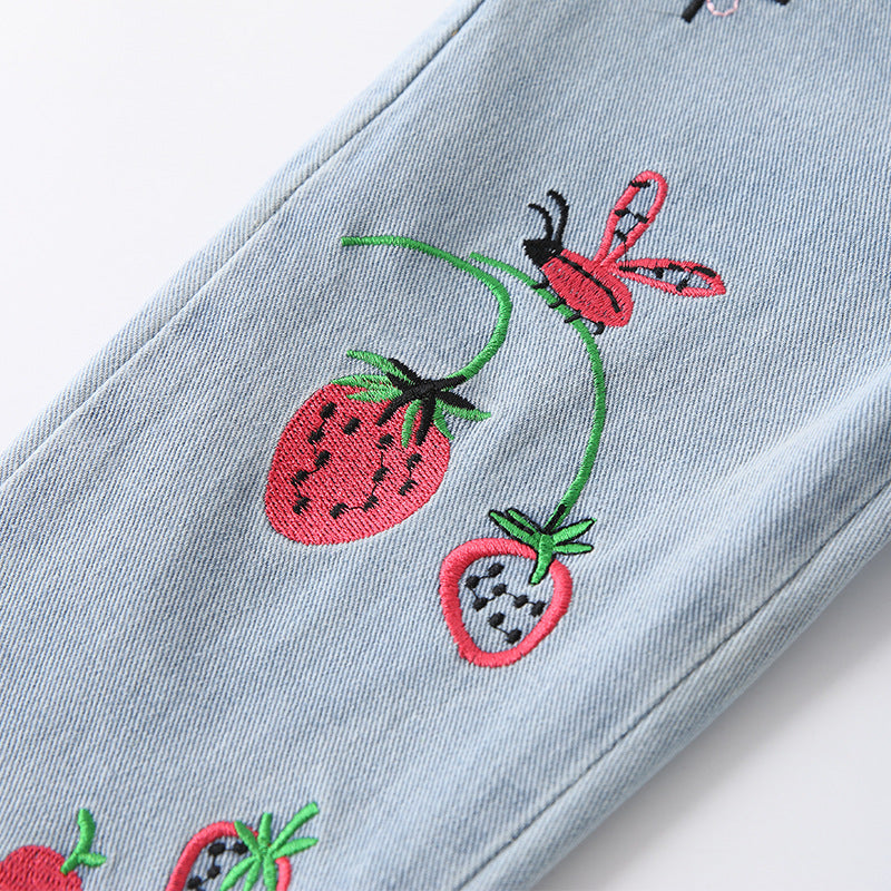 Arrival Autumn Girls Strawberry Pattern Denim Pants-2
