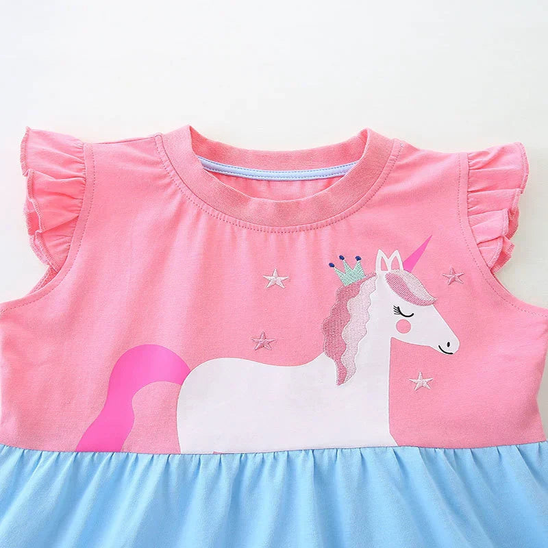 Cute Unicorn Cartoon Pattern Fly Sleeves Dress-2