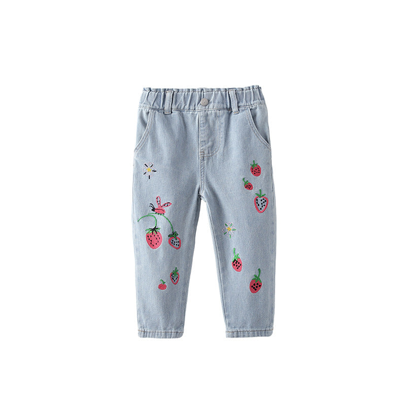 Arrival Autumn Girls Strawberry Pattern Denim Pants-0