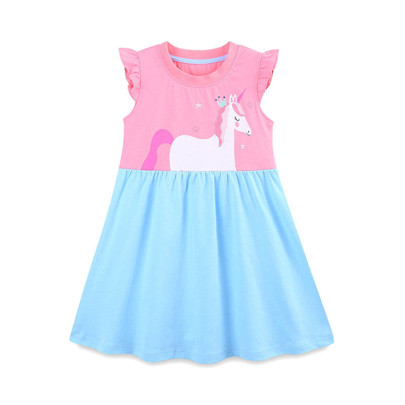 Cute Unicorn Cartoon Pattern Fly Sleeves Dress-4