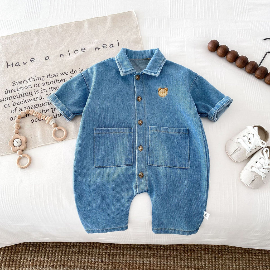 Autumn and Spring Arrival Baby Unisex Long Sleeves Cartoon Pattern Single Breasted Denim Rompers-1