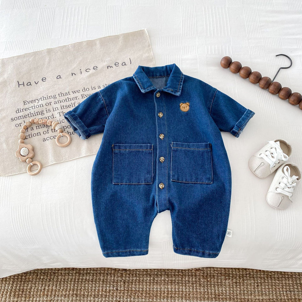 Autumn and Spring Arrival Baby Unisex Long Sleeves Cartoon Pattern Single Breasted Denim Rompers-2