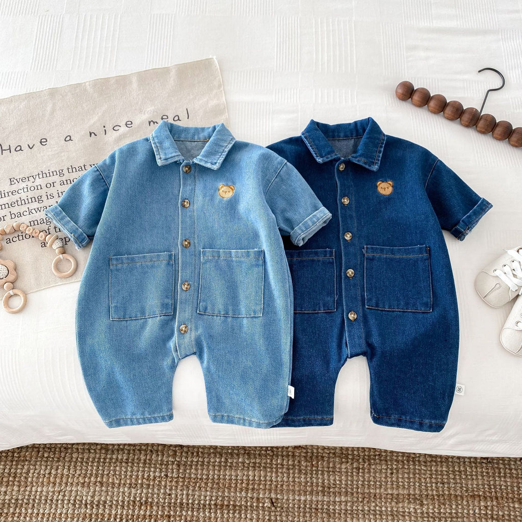 Autumn and Spring Arrival Baby Unisex Long Sleeves Cartoon Pattern Single Breasted Denim Rompers-0