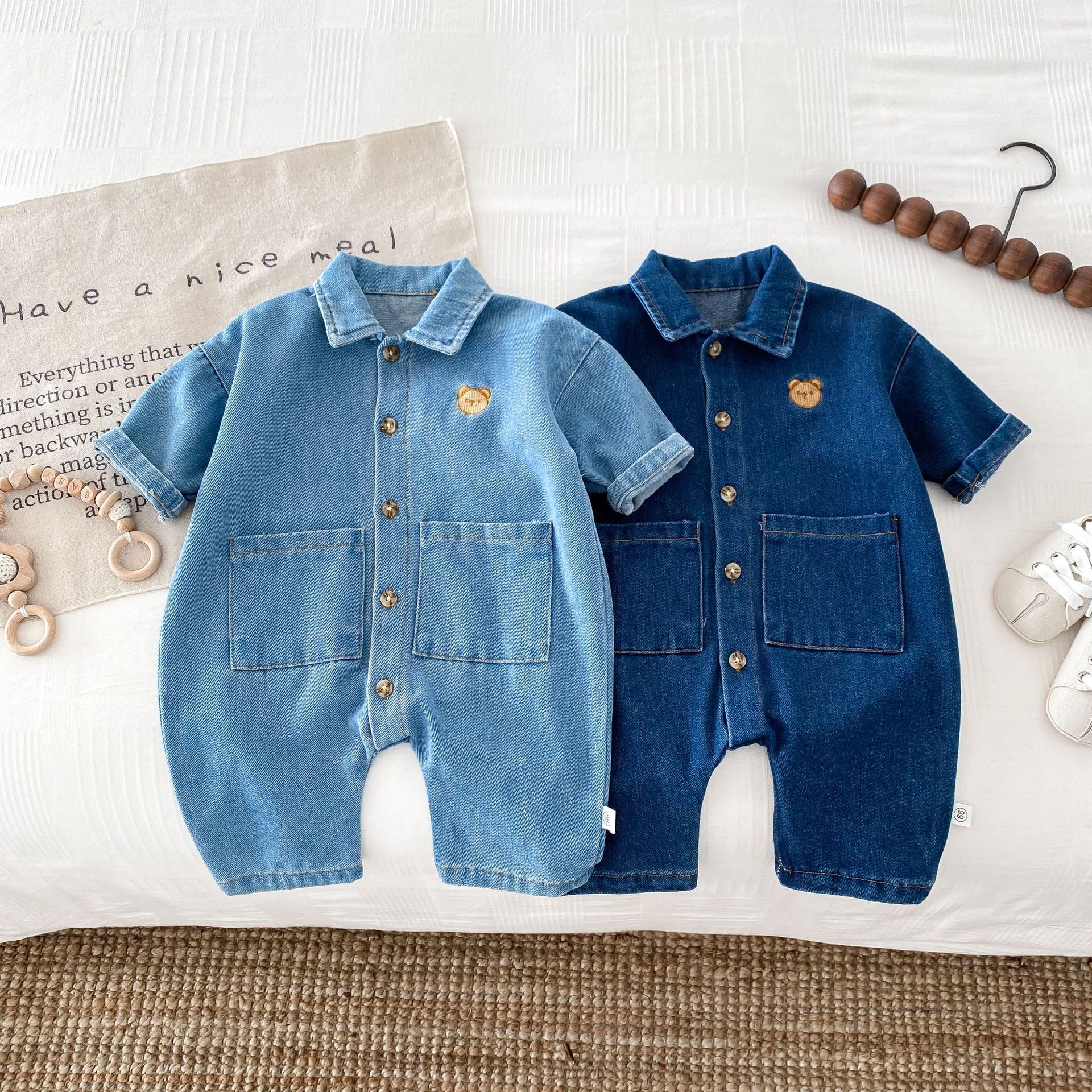 Autumn and Spring Arrival Baby Unisex Long Sleeves Cartoon Pattern Single Breasted Denim Rompers-0