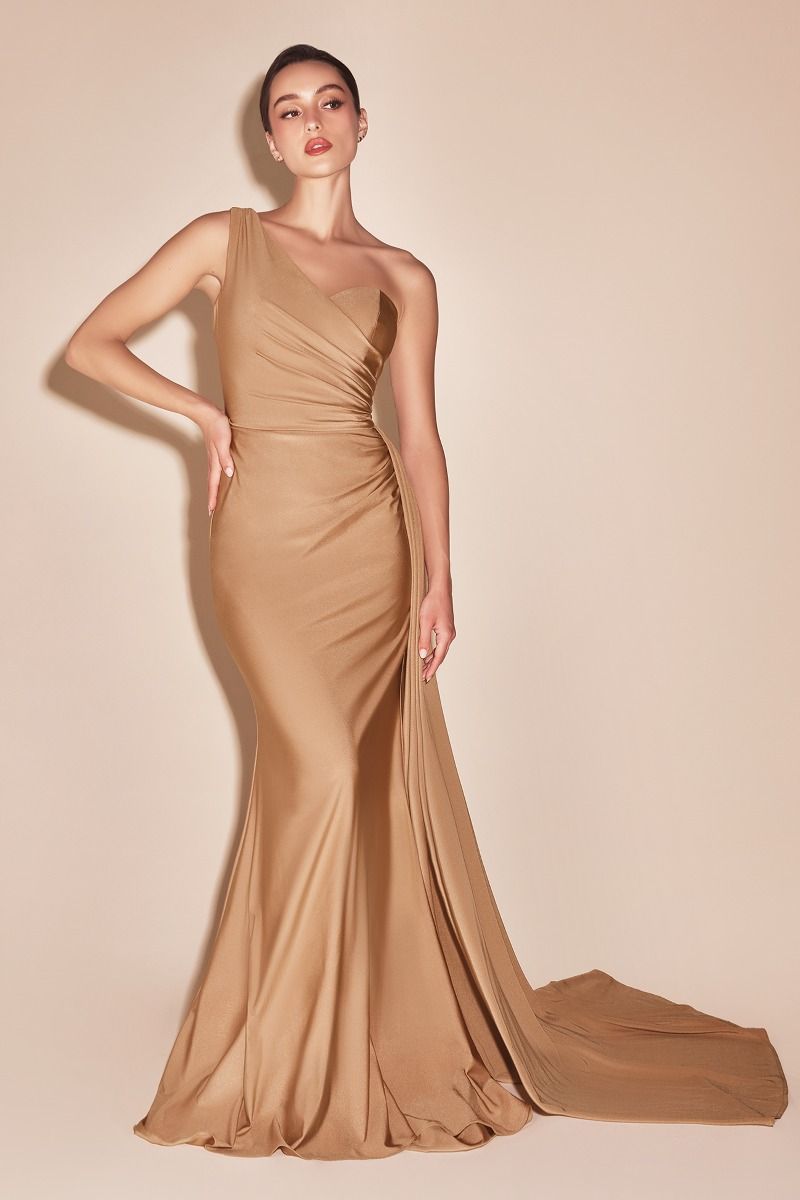 One Shoulder Stretch Satin Gown-11