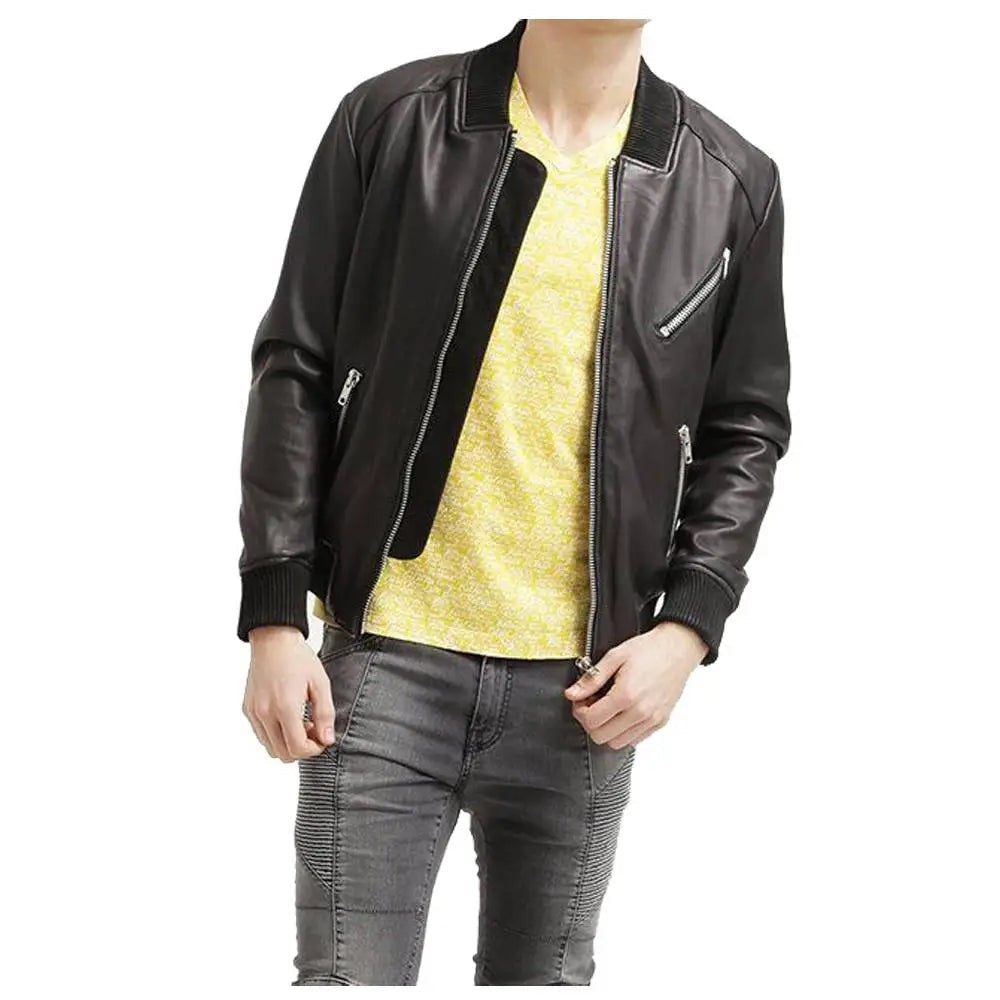 Men’s Black Leather Bomber Jacket-2